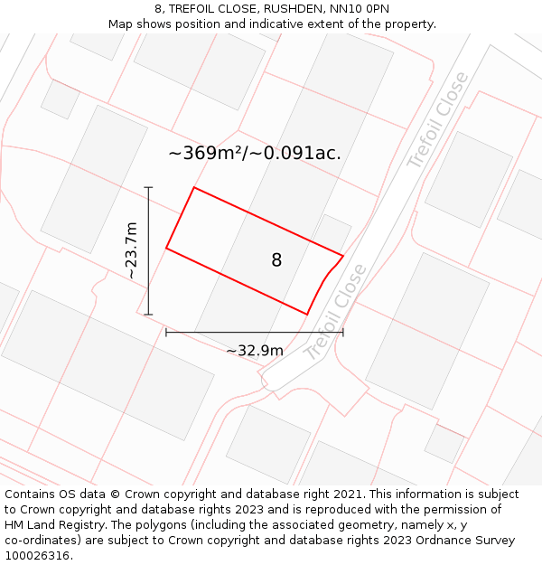 8, TREFOIL CLOSE, RUSHDEN, NN10 0PN: Plot and title map