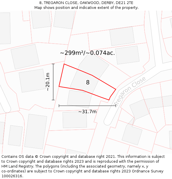 8, TREGARON CLOSE, OAKWOOD, DERBY, DE21 2TE: Plot and title map