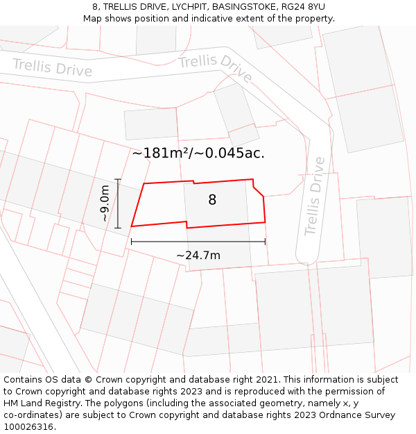 8, TRELLIS DRIVE, LYCHPIT, BASINGSTOKE, RG24 8YU: Plot and title map