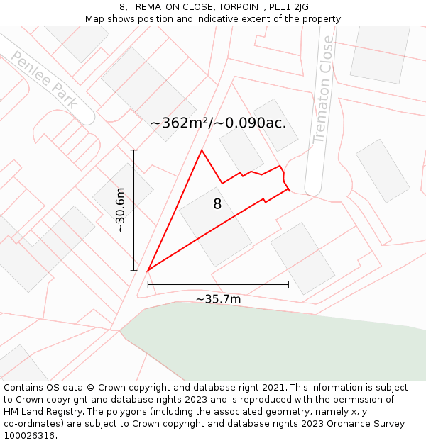 8, TREMATON CLOSE, TORPOINT, PL11 2JG: Plot and title map