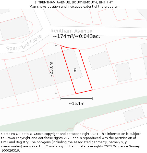 8, TRENTHAM AVENUE, BOURNEMOUTH, BH7 7HT: Plot and title map