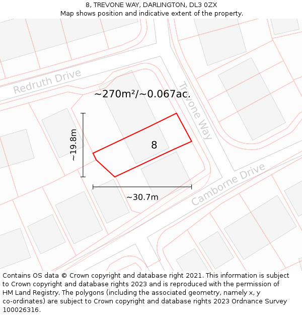 8, TREVONE WAY, DARLINGTON, DL3 0ZX: Plot and title map