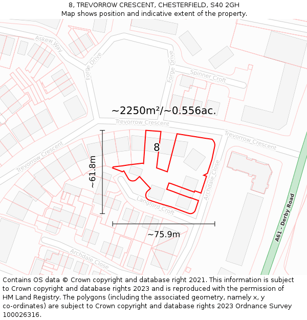 8, TREVORROW CRESCENT, CHESTERFIELD, S40 2GH: Plot and title map