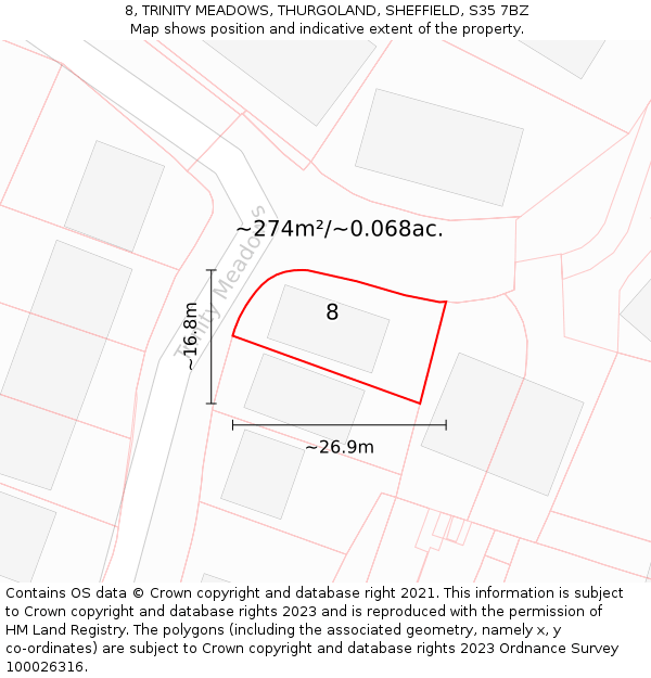 8, TRINITY MEADOWS, THURGOLAND, SHEFFIELD, S35 7BZ: Plot and title map