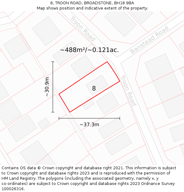 8, TROON ROAD, BROADSTONE, BH18 9BA: Plot and title map