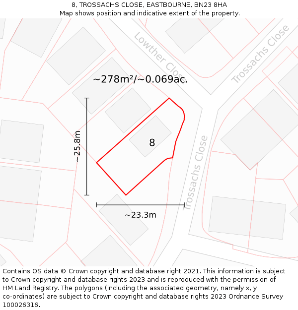 8, TROSSACHS CLOSE, EASTBOURNE, BN23 8HA: Plot and title map