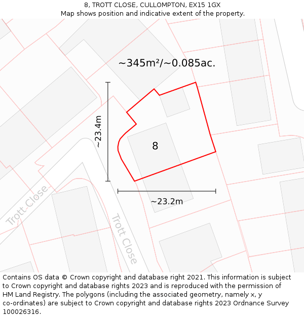 8, TROTT CLOSE, CULLOMPTON, EX15 1GX: Plot and title map