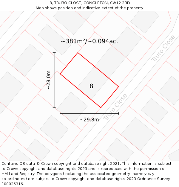 8, TRURO CLOSE, CONGLETON, CW12 3BD: Plot and title map