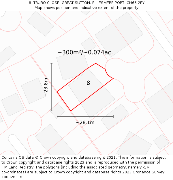 8, TRURO CLOSE, GREAT SUTTON, ELLESMERE PORT, CH66 2EY: Plot and title map