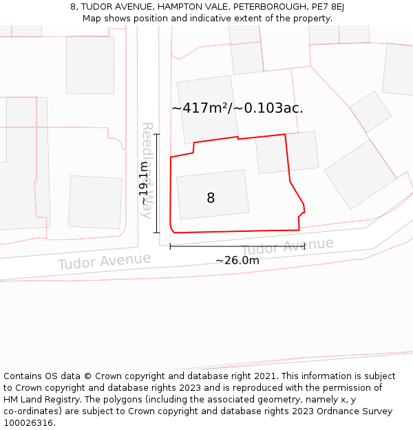 8, TUDOR AVENUE, HAMPTON VALE, PETERBOROUGH, PE7 8EJ: Plot and title map
