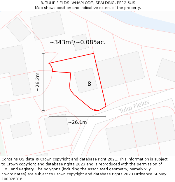 8, TULIP FIELDS, WHAPLODE, SPALDING, PE12 6US: Plot and title map
