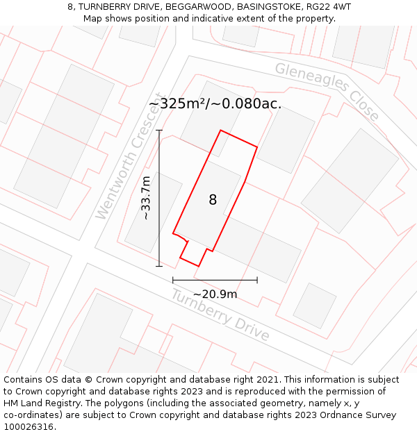 8, TURNBERRY DRIVE, BEGGARWOOD, BASINGSTOKE, RG22 4WT: Plot and title map