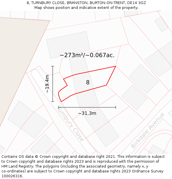 8, TURNBURY CLOSE, BRANSTON, BURTON-ON-TRENT, DE14 3GZ: Plot and title map