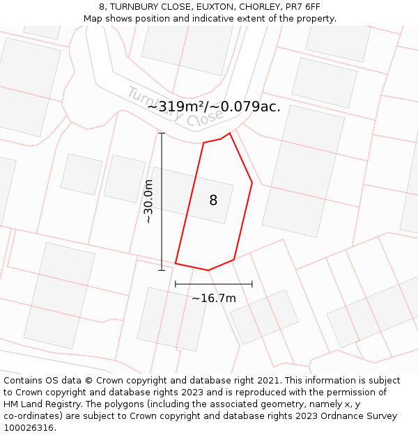 8, TURNBURY CLOSE, EUXTON, CHORLEY, PR7 6FF: Plot and title map