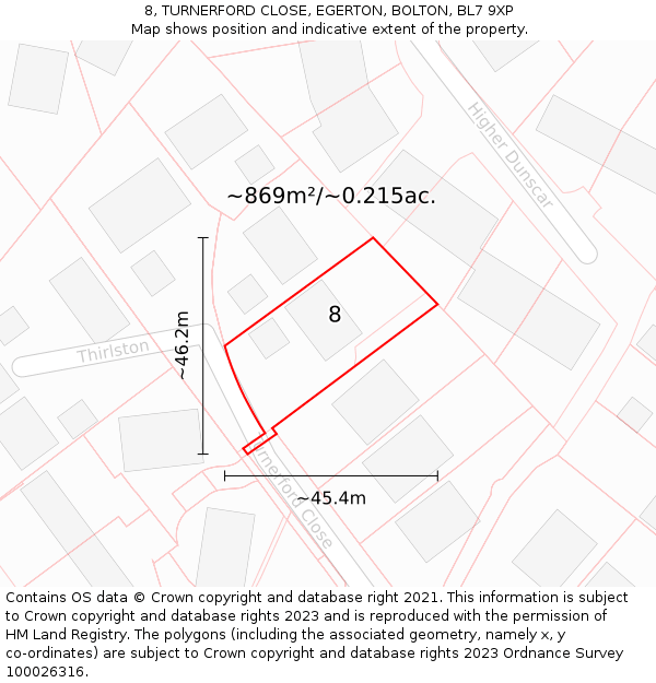 8, TURNERFORD CLOSE, EGERTON, BOLTON, BL7 9XP: Plot and title map