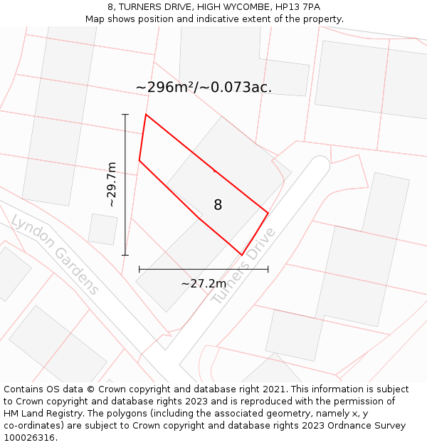 8, TURNERS DRIVE, HIGH WYCOMBE, HP13 7PA: Plot and title map