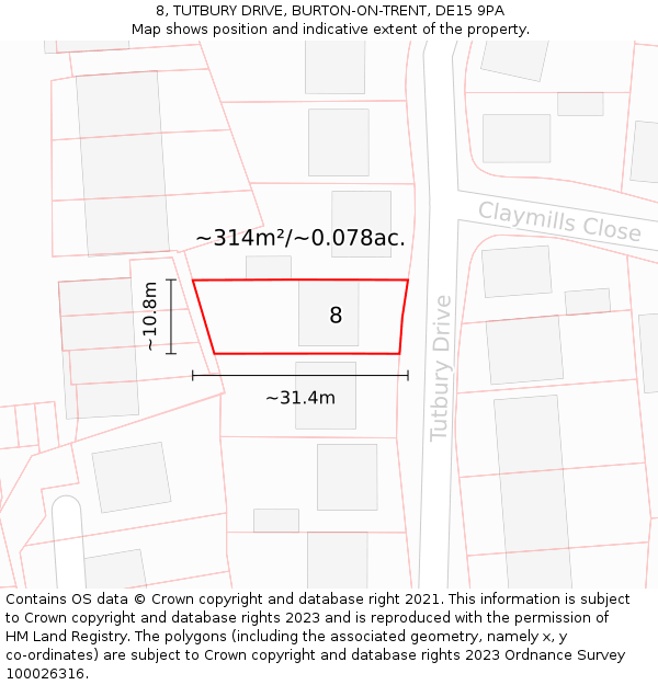 8, TUTBURY DRIVE, BURTON-ON-TRENT, DE15 9PA: Plot and title map