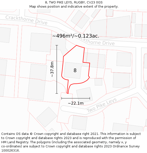 8, TWO PIKE LEYS, RUGBY, CV23 0GS: Plot and title map