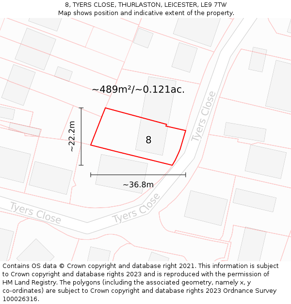 8, TYERS CLOSE, THURLASTON, LEICESTER, LE9 7TW: Plot and title map