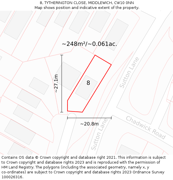 8, TYTHERINGTON CLOSE, MIDDLEWICH, CW10 0NN: Plot and title map