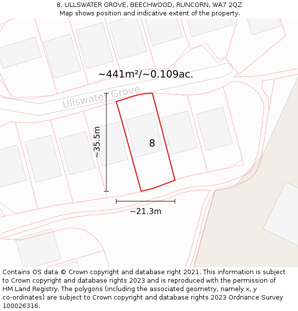 8, ULLSWATER GROVE, BEECHWOOD, RUNCORN, WA7 2QZ: Plot and title map