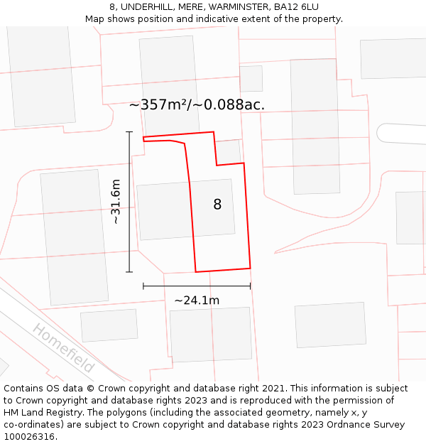 8, UNDERHILL, MERE, WARMINSTER, BA12 6LU: Plot and title map
