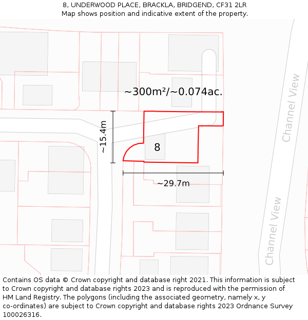 8, UNDERWOOD PLACE, BRACKLA, BRIDGEND, CF31 2LR: Plot and title map