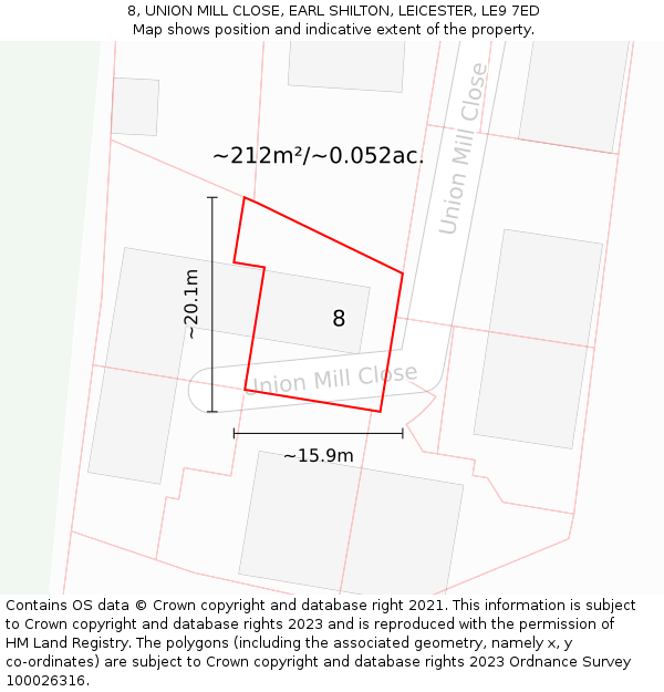 8, UNION MILL CLOSE, EARL SHILTON, LEICESTER, LE9 7ED: Plot and title map