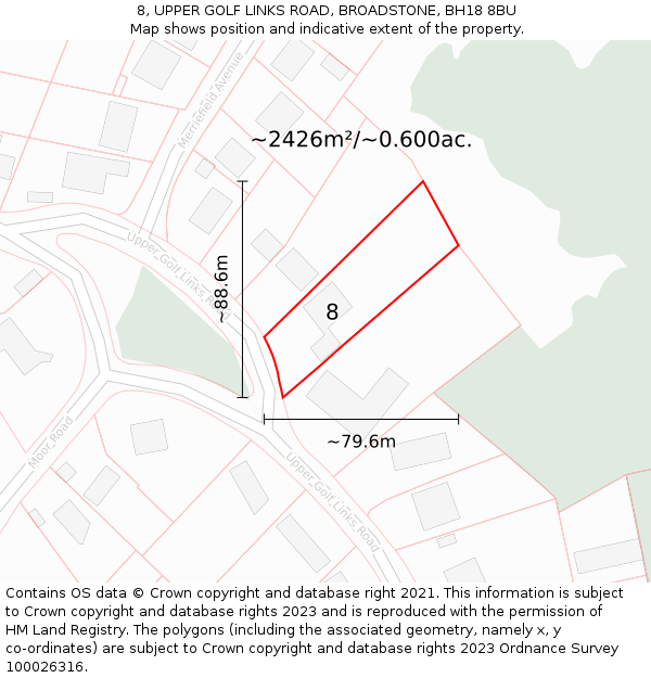 8, UPPER GOLF LINKS ROAD, BROADSTONE, BH18 8BU: Plot and title map