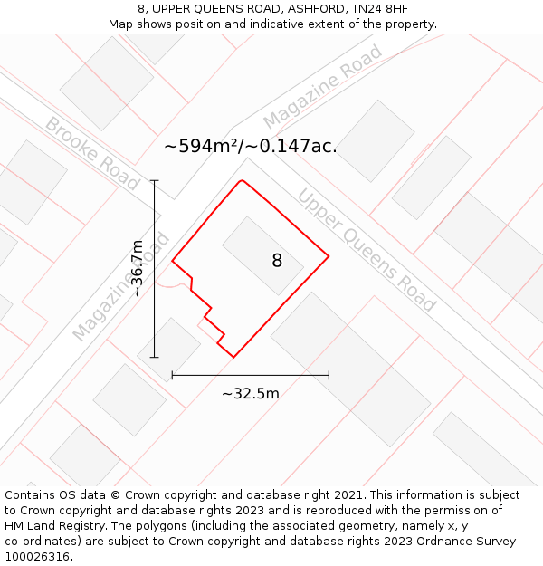 8, UPPER QUEENS ROAD, ASHFORD, TN24 8HF: Plot and title map