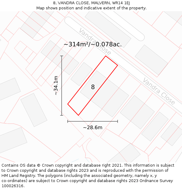 8, VANDRA CLOSE, MALVERN, WR14 1EJ: Plot and title map
