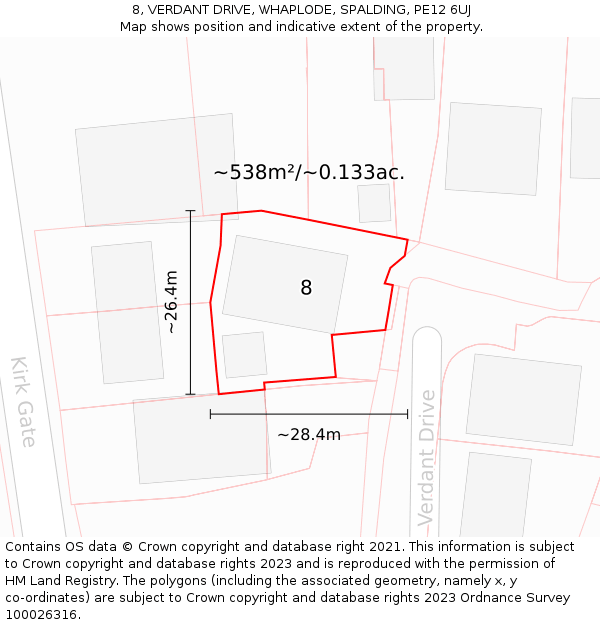 8, VERDANT DRIVE, WHAPLODE, SPALDING, PE12 6UJ: Plot and title map