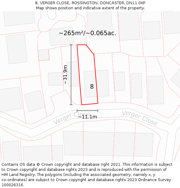 8, VERGER CLOSE, ROSSINGTON, DONCASTER, DN11 0XP: Plot and title map