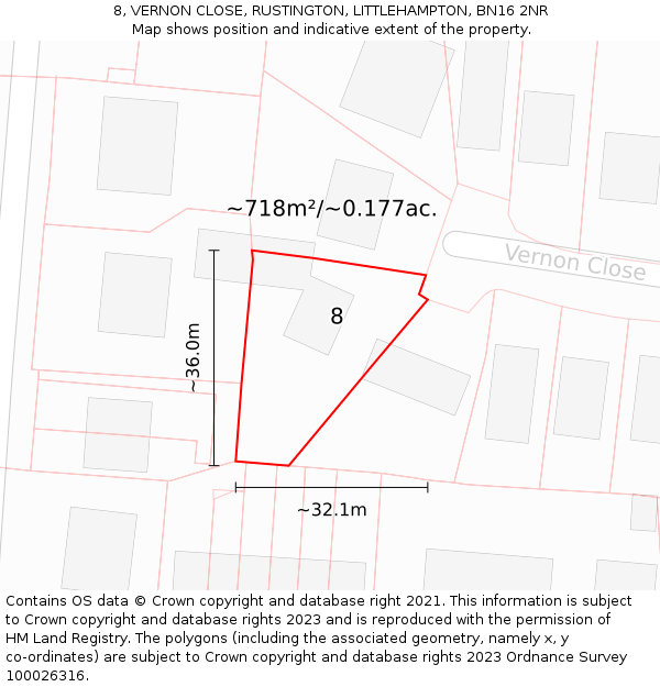 8, VERNON CLOSE, RUSTINGTON, LITTLEHAMPTON, BN16 2NR: Plot and title map