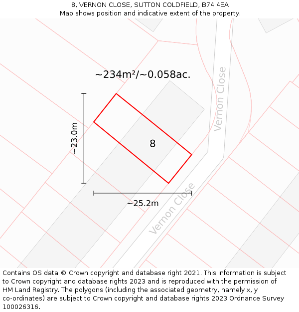 8, VERNON CLOSE, SUTTON COLDFIELD, B74 4EA: Plot and title map