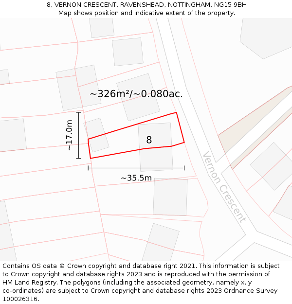 8, VERNON CRESCENT, RAVENSHEAD, NOTTINGHAM, NG15 9BH: Plot and title map