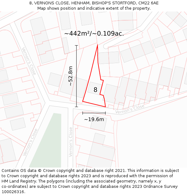 8, VERNONS CLOSE, HENHAM, BISHOP'S STORTFORD, CM22 6AE: Plot and title map