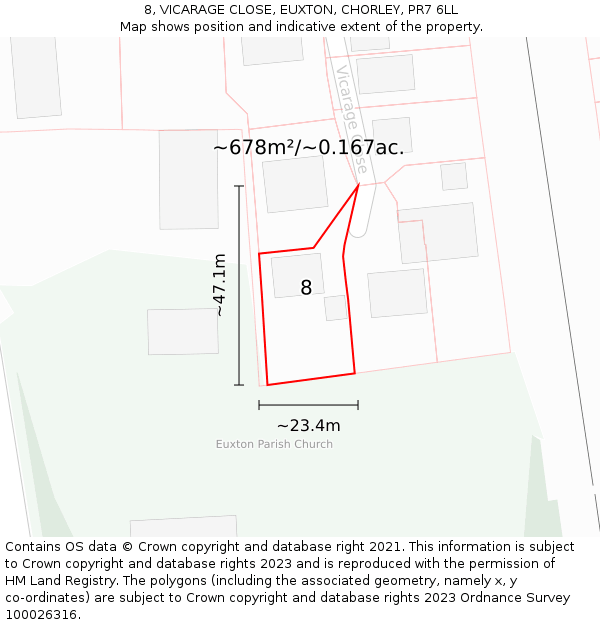 8, VICARAGE CLOSE, EUXTON, CHORLEY, PR7 6LL: Plot and title map