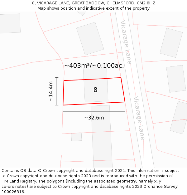 8, VICARAGE LANE, GREAT BADDOW, CHELMSFORD, CM2 8HZ: Plot and title map