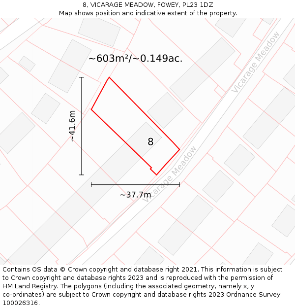8, VICARAGE MEADOW, FOWEY, PL23 1DZ: Plot and title map