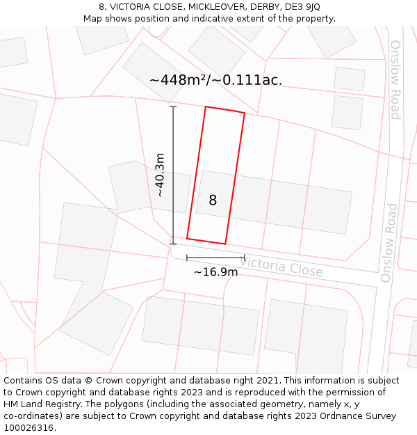 8, VICTORIA CLOSE, MICKLEOVER, DERBY, DE3 9JQ: Plot and title map