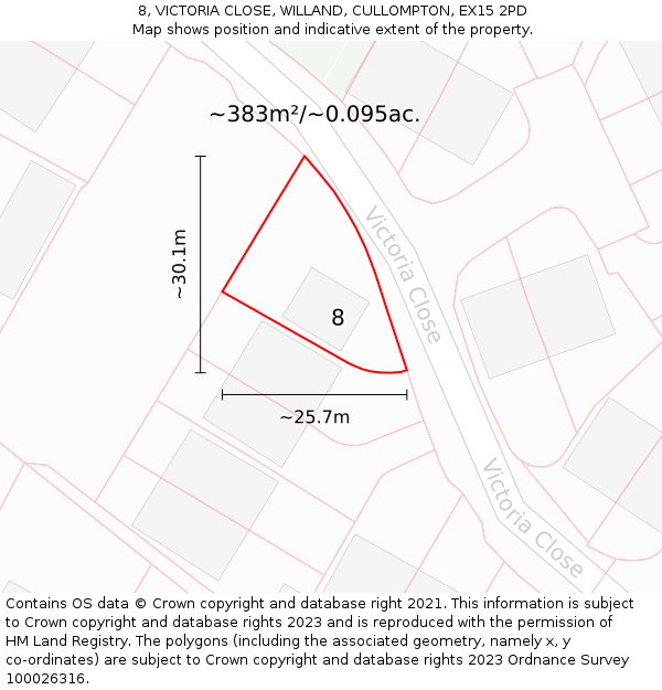 8, VICTORIA CLOSE, WILLAND, CULLOMPTON, EX15 2PD: Plot and title map