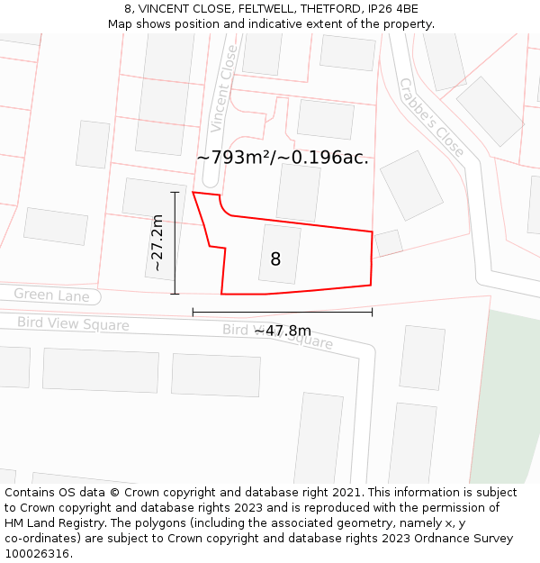 8, VINCENT CLOSE, FELTWELL, THETFORD, IP26 4BE: Plot and title map