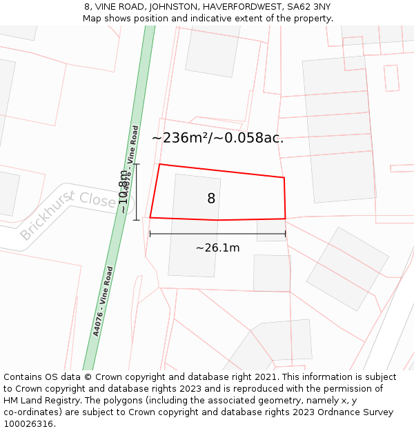 8, VINE ROAD, JOHNSTON, HAVERFORDWEST, SA62 3NY: Plot and title map
