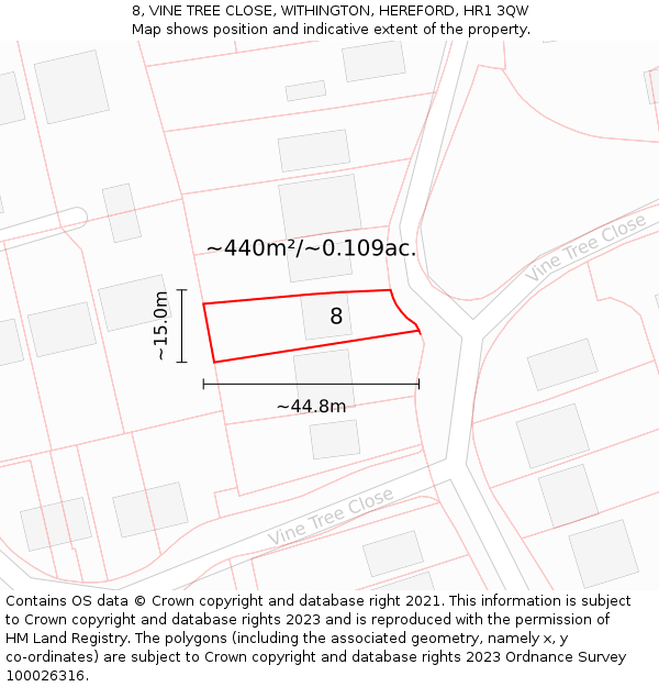 8, VINE TREE CLOSE, WITHINGTON, HEREFORD, HR1 3QW: Plot and title map