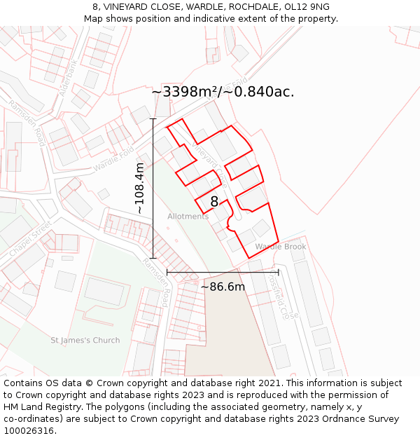 8, VINEYARD CLOSE, WARDLE, ROCHDALE, OL12 9NG: Plot and title map