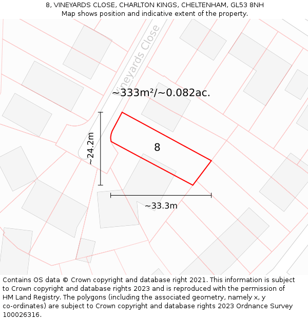 8, VINEYARDS CLOSE, CHARLTON KINGS, CHELTENHAM, GL53 8NH: Plot and title map