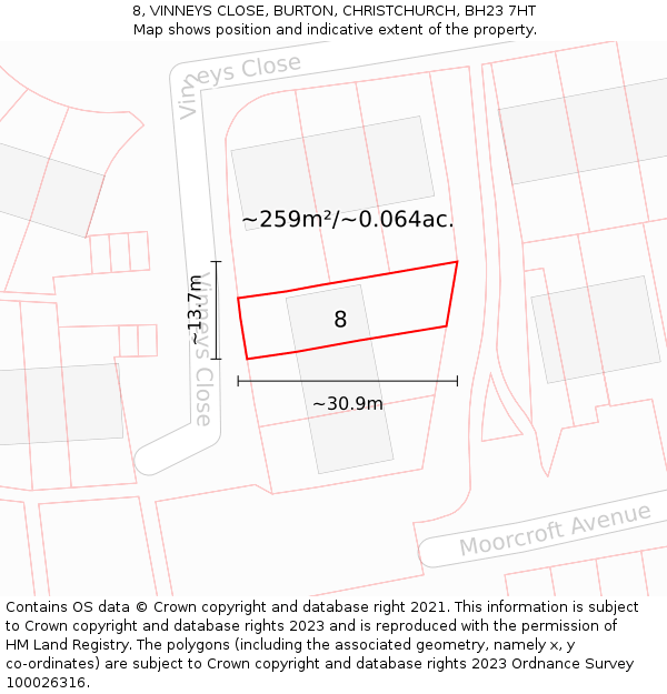 8, VINNEYS CLOSE, BURTON, CHRISTCHURCH, BH23 7HT: Plot and title map