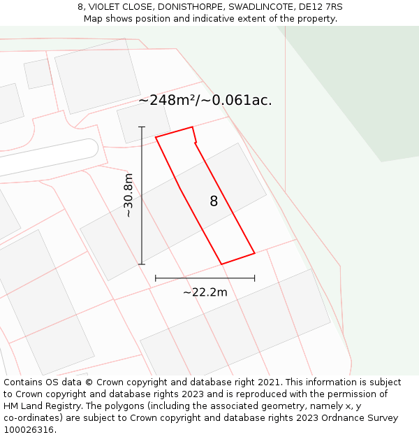 8, VIOLET CLOSE, DONISTHORPE, SWADLINCOTE, DE12 7RS: Plot and title map