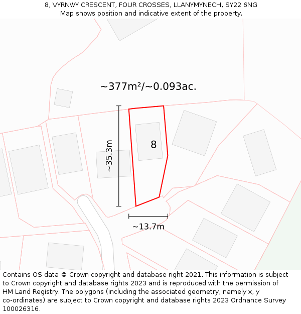 8, VYRNWY CRESCENT, FOUR CROSSES, LLANYMYNECH, SY22 6NG: Plot and title map